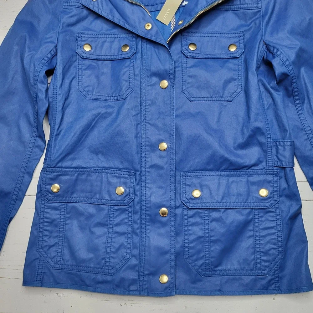 J Crew Downtown Field Jacket Blue Waxed Cotton Blue Stand Collar Military XS